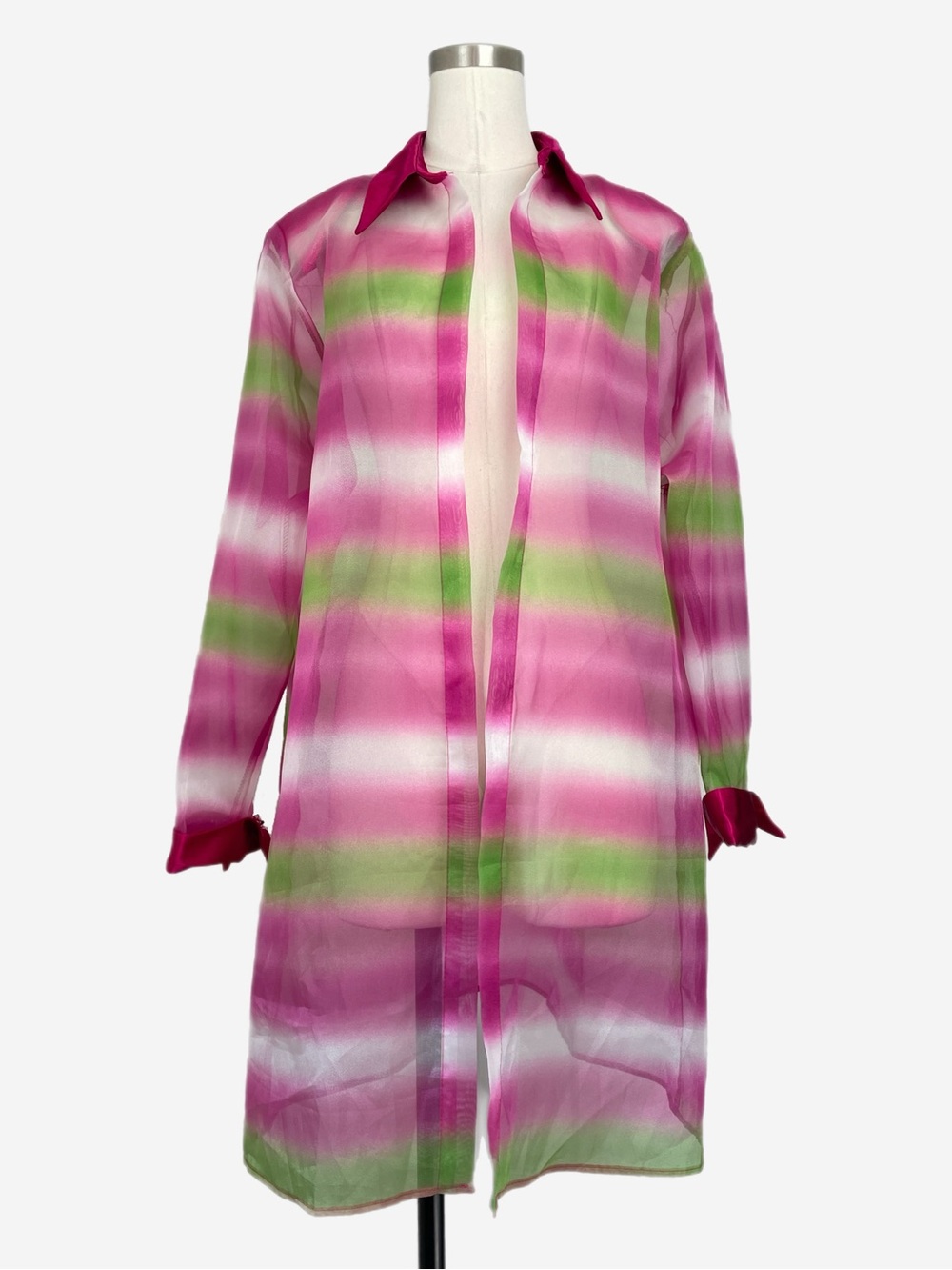 Vintage 90s A&G Connection Pink green white sheer organza collared duster L